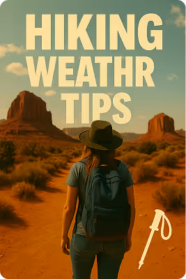 Person with backpack and hat hiking on a desert trail with large rock formations, text reading 'Hiking Weather Tips'.